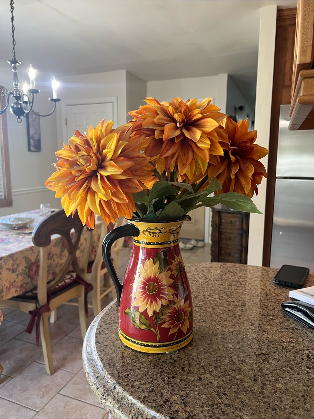 Pier 1 Red and Yellow Hand-Painted Ceramic Pitcher Vase with flowers - Picture 3 of 5